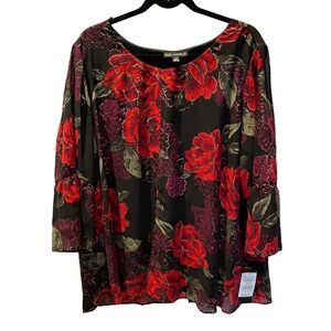 Women's Sara Michelle Blouse 2X Red/Berry/Black Floral Pullover